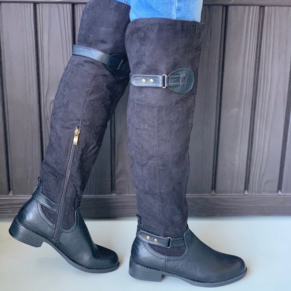 Black Over The Knee Cuff Option Flat Riding Boots - Picture 2 of 8